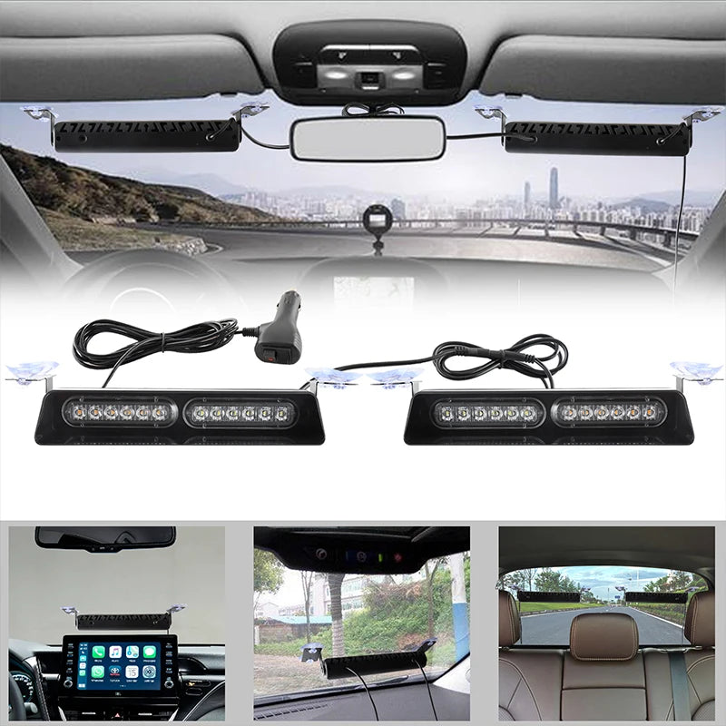 2Pcs Visor Emergency Dashboard Strobe Light Front Rear Windscreen Strobe Lamp with Suction Cup For Construction Vehicles Trucks