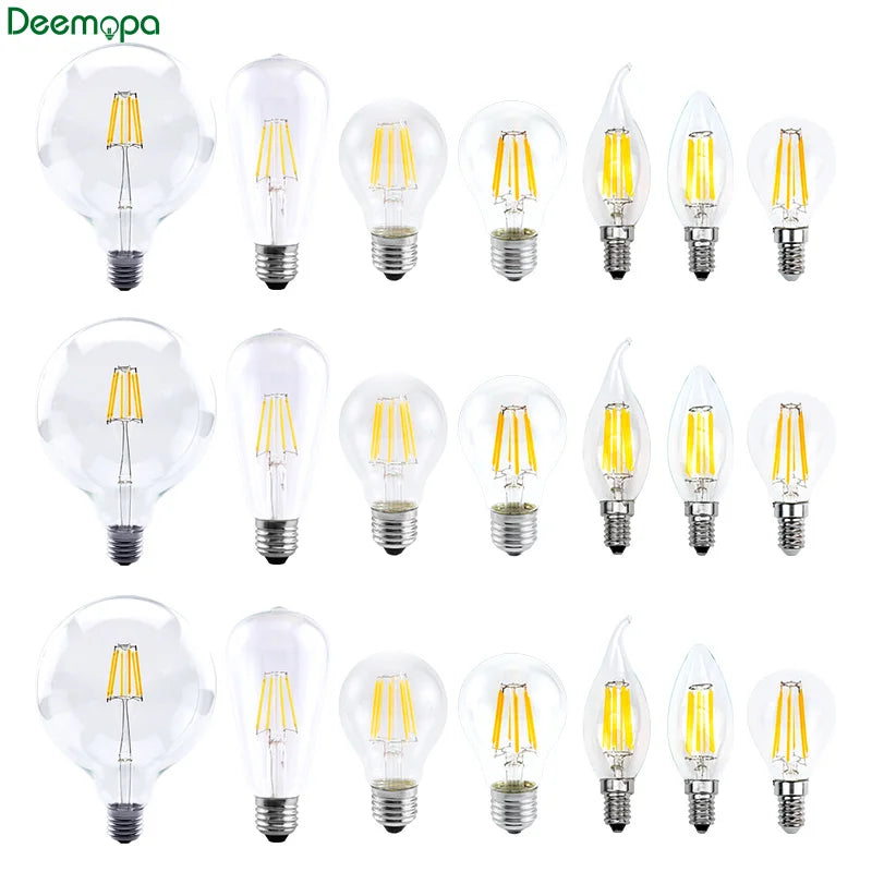 LED Filament Bulb E27 Retro Edison Lamp 220V 2W 4W 6W 8W E14 Vintage Candle Light Globe Chandelier Lighting COB Home Decor Light