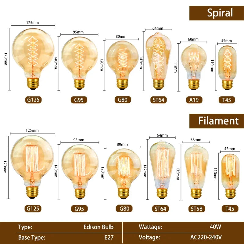 6pcs/lot Retro Edison Bulb C35 T45 ST64 G80 G95 A60 Filament Light 40W E27 Vintage Ampoule Incandescent Lamp Decorative Lights