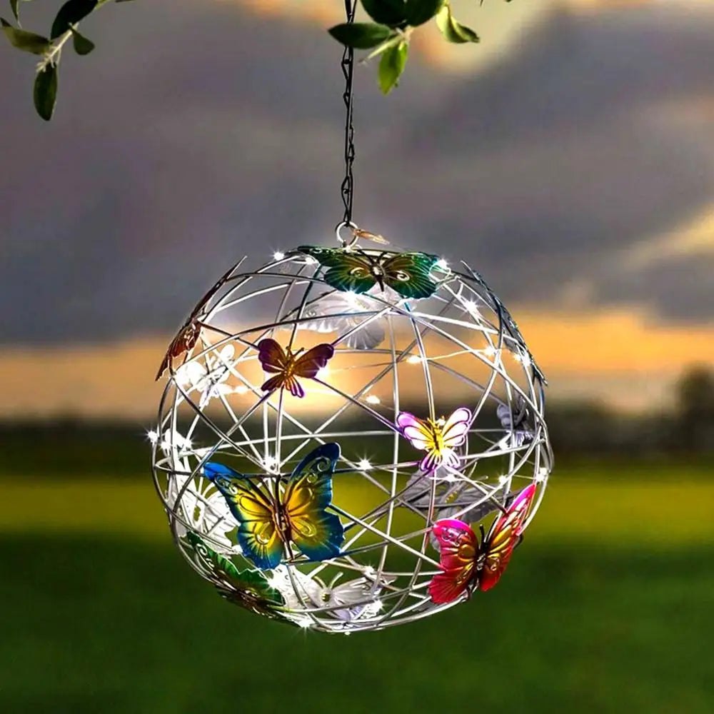 Garden Hanging Solar Light Round Ball Light With Butterfly Waterproof Metal Weaving Hanging Lamp Home Decorative Nightlight