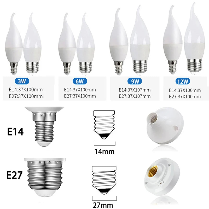 10pcs 2022 NEW Led Light Bulb E14 E27 LED Lamp lndoor Light 3W 6W 9W12W LED Candle Bulb Home Decor Chandelier AC220 Lampada