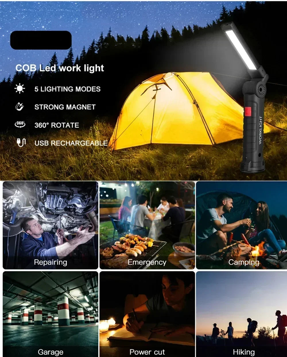 New COB LED Flashlight USB Rechargeable Built-in Battery Portable Working Light Magnetic Lantern Hanging Lamp Camping Torch