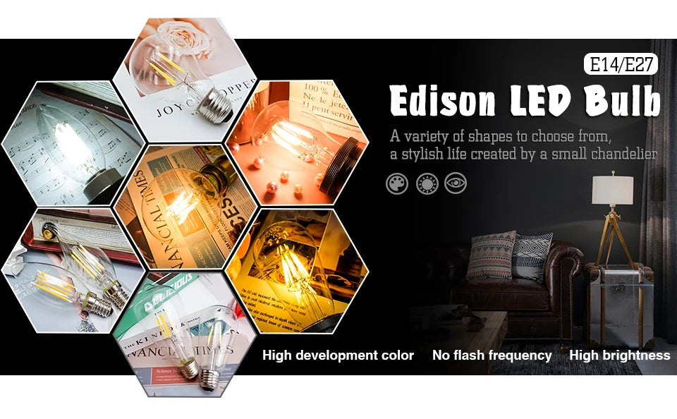 LED Candle Bulb E14 C35 Vintage Lamp LED E27 G45 A60 ST64 G80 G95 G125 AC220V LED Globe 2W 4W 6W 8W Filament Edison Light Bulbs