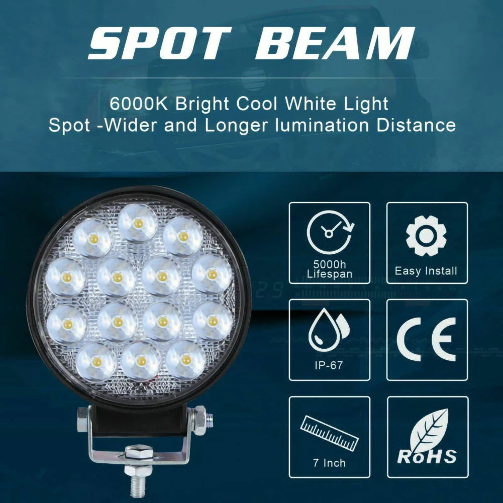 2PC Round 140W LED Work Light Spot Lamp Offroad Truck Tractor Boat SUV UTE 12/24V 9000LM 6000K Driving Lamp Car Accessories