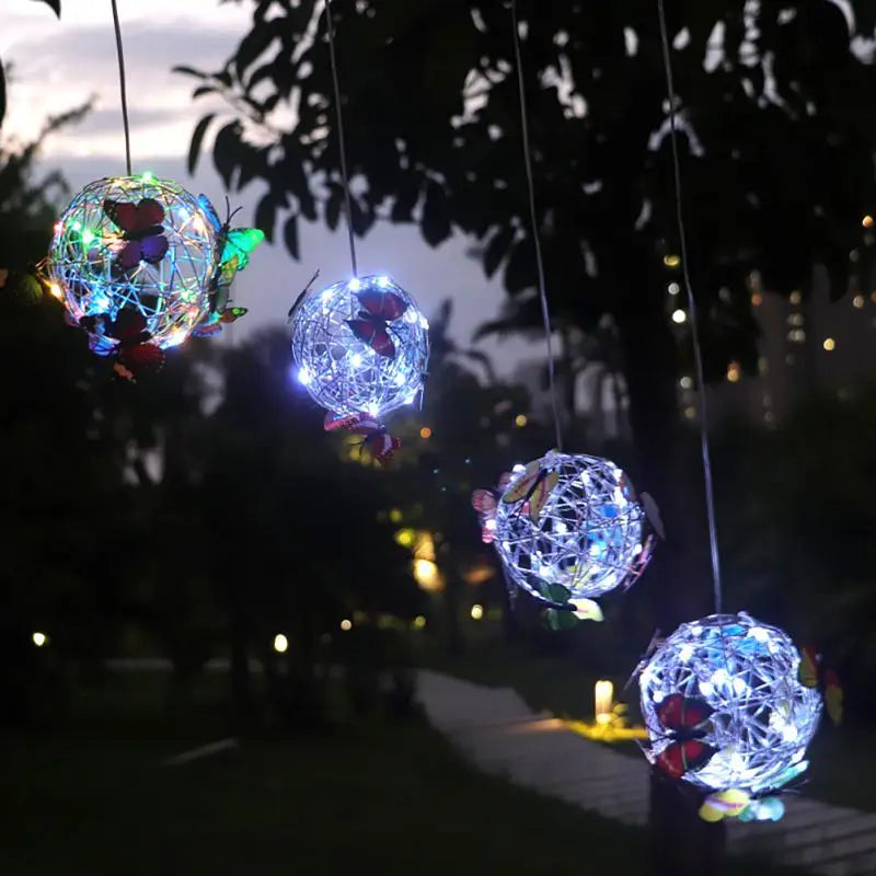Garden Hanging Solar Light Round Ball Light With Butterfly Waterproof Metal Weaving Hanging Lamp Home Decorative Nightlight