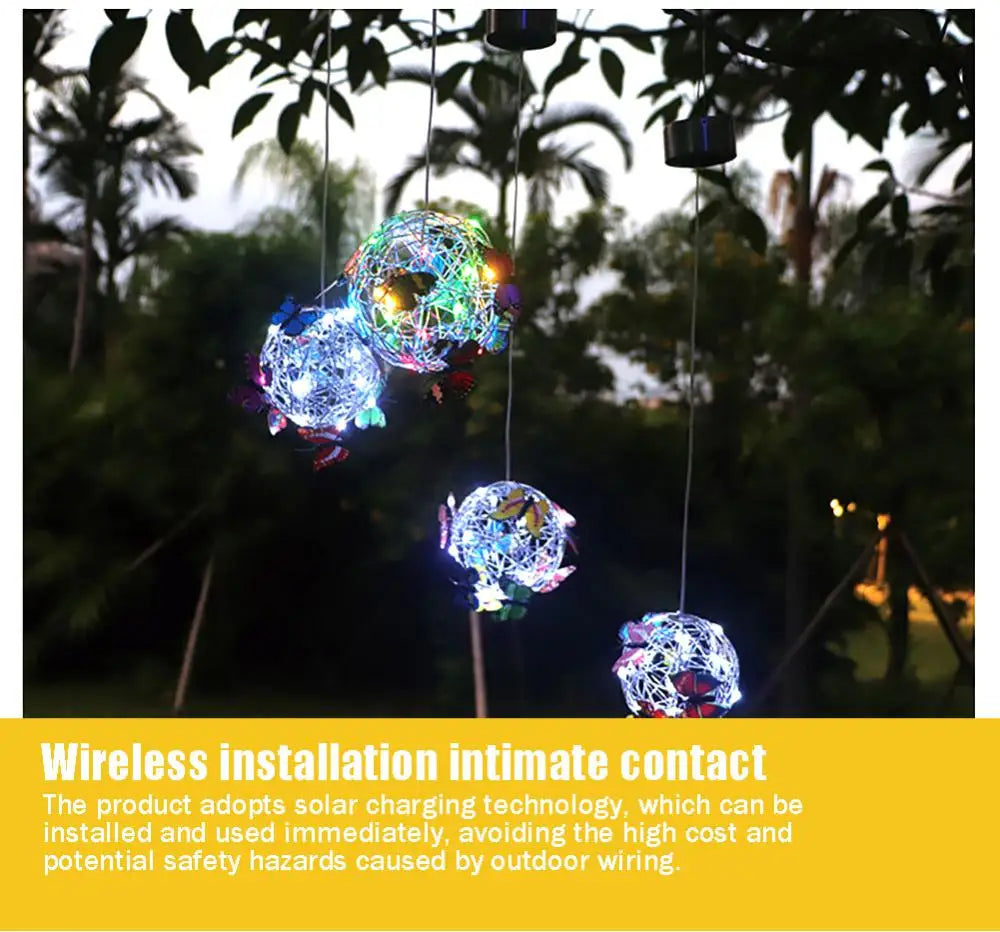 Garden Hanging Solar Light Round Ball Light With Butterfly Waterproof Metal Weaving Hanging Lamp Home Decorative Nightlight