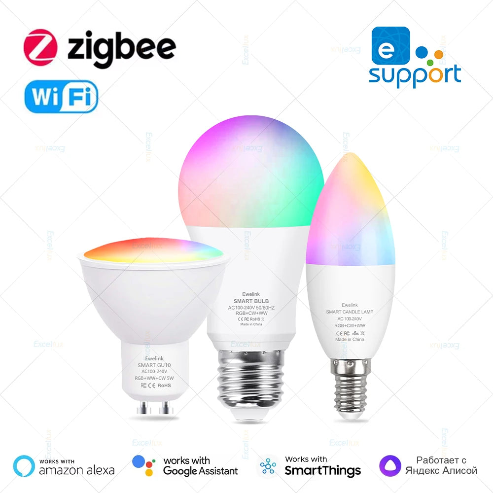 EWelink E27 E14 GU10 Bulb WiFi Zigbee, Dimmable Light LED lamps 3000-6500k RGB,LED Bulbs,Candle Lamp Spot Light Voice With Alexa