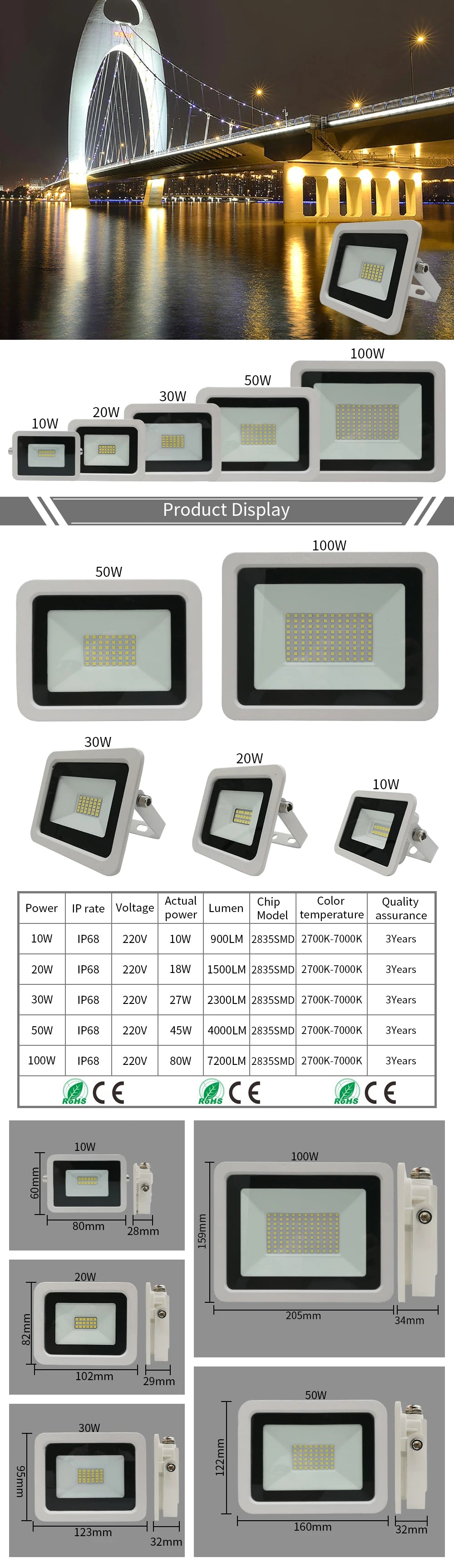 White LED Flood Light 100W 50W 30W 20W 10W AC 220V Outdoor Waterproof Reflector Spotlight Street Light Wall Lamp Garden Lighting