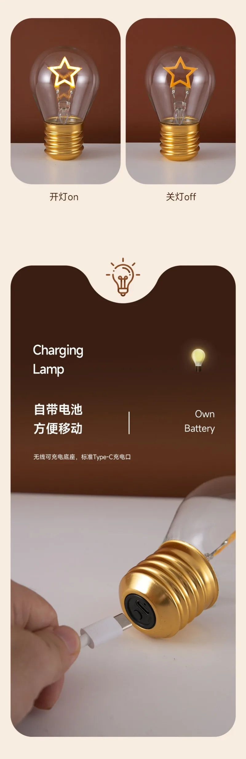 Edison A70 5V Decorative Lamp Led Vintage Tungsten Christmas Gift Cartoon Plastic Art Decorative Light Type-C Rechargeable Bulb