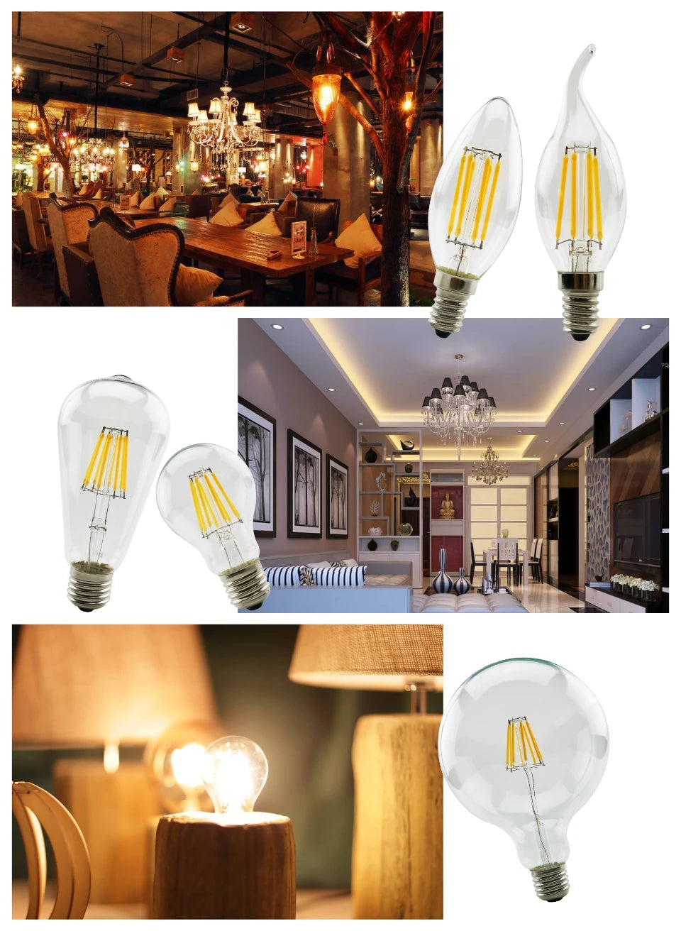 2W 4W 6W 8W E27 E14 Retro Edison LED Filament Bulb Lamp 220V-240V Light Bulb C35 G45 A60 ST64 G80 G95 G125 Glass Vintage Bulb