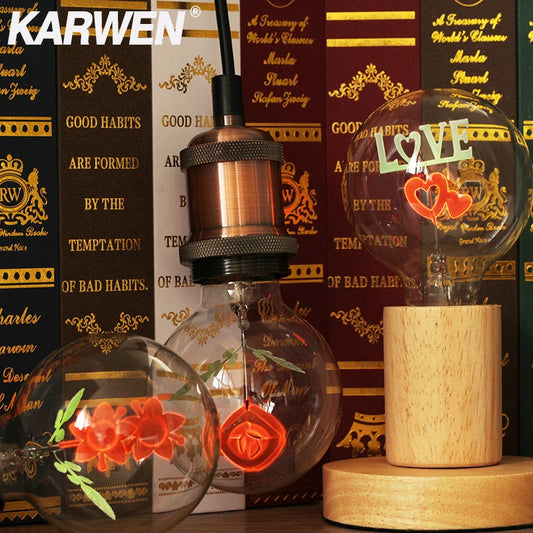 KARWEN vintage Edison Bulb E27 night light G80-Rose & Flower & I-Love-You Holiday  wedding christmas decor for Pendant Lamp