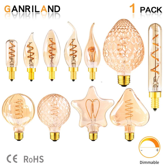 E14 E27 Retro Spiral Light LED Filament Bulb 110V-240V T25 C32 C35 T20L Dimmable 3W 2200K Vintage Lamps For Decorative Lighting