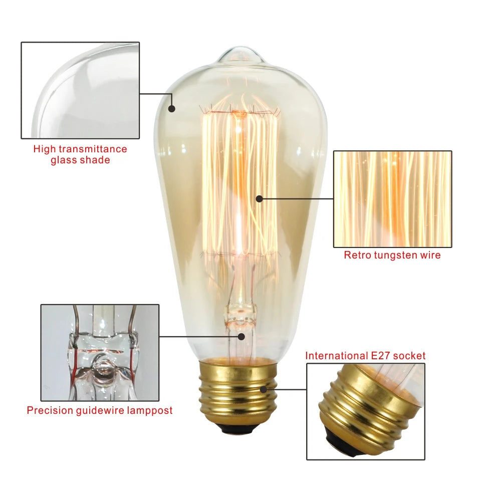 Edison Light Bulb E27 220V 40W ST64 A19 G80 G95 T10 T45 T185 Retro Filament Incandescent Ampoule Bulb Vintage Edison Lamps