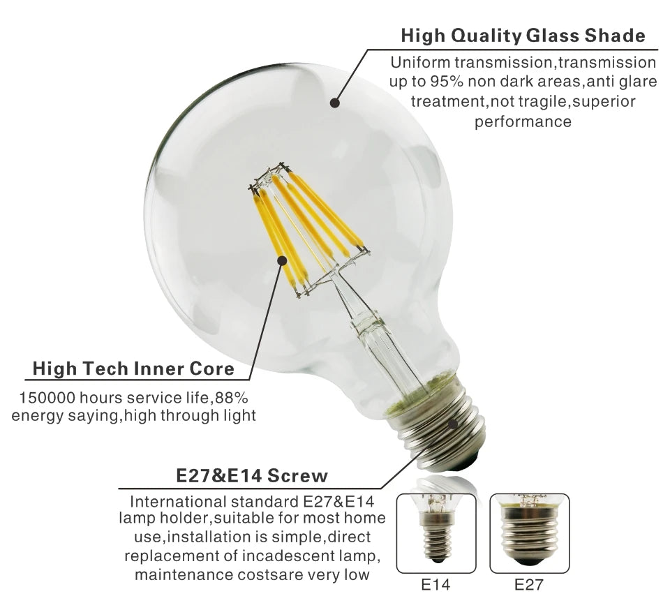 2W 4W 6W 8W E27 E14 Retro Edison LED Filament Bulb Lamp 220V-240V Light Bulb C35 G45 A60 ST64 G80 G95 G125 Glass Vintage Bulb