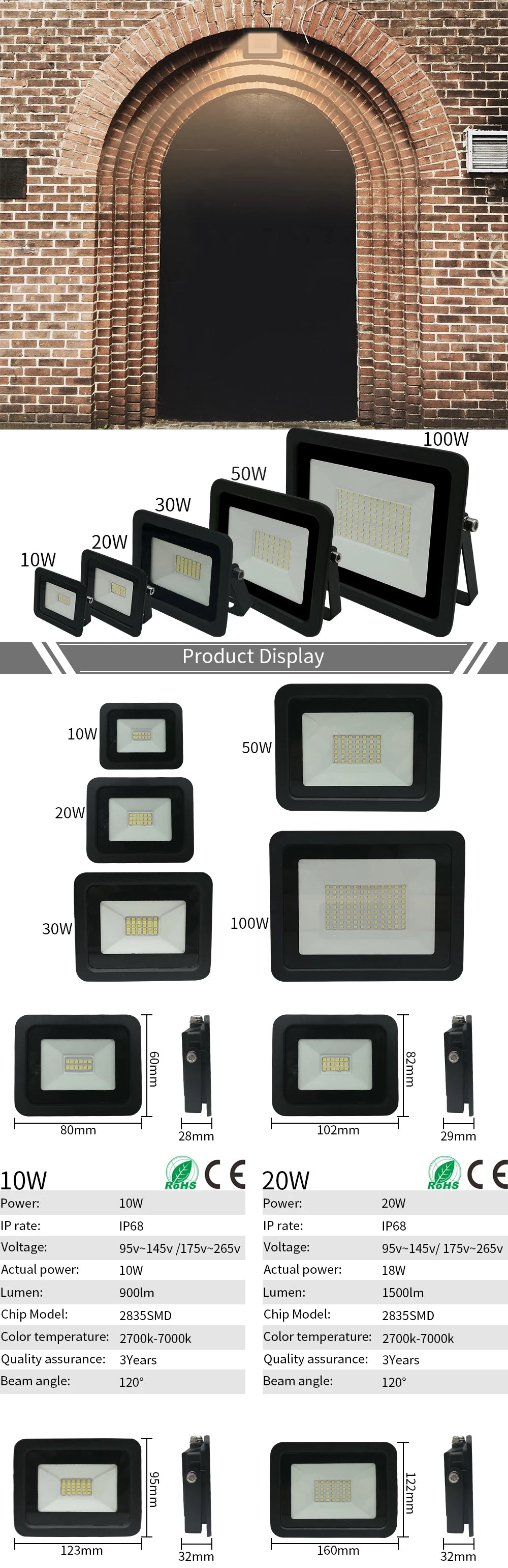 110V/220V LED Flood Light 100W 50W 30W 20W 10W Outdoor Waterproof Reflector Spotlight Street Light Wall Lamp Garden Lighting