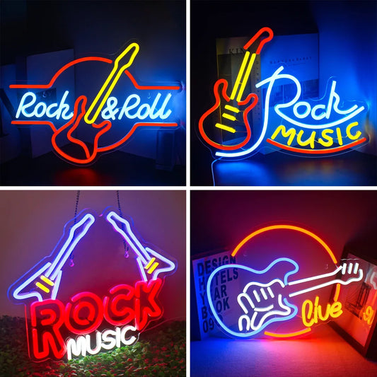 Rock Roll Neon Signs Guitar Music Led Neon Light Art Wall Decor for Game Room Music Party Rock Studio Bar Disco Party Neon