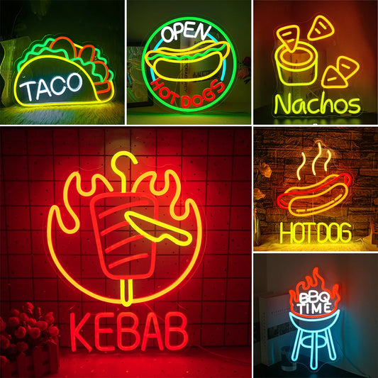 Fast Food Restaurant Neon Wall Art Decoration Hot Dogs Tacos BBQ Room Decor For Party Decoration Commercial Street Shop Lighting