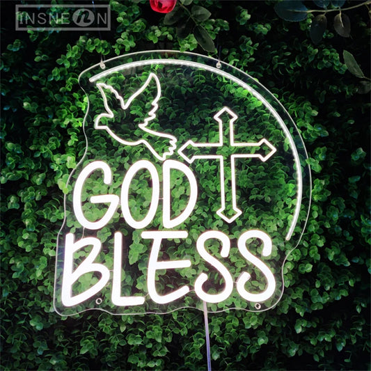 God Bless Neon Sign 3D Engraving LED Wall Decor Neon Sign Lights for Party Home Neon Lighting Sign Baptism Decoration Gifts USB