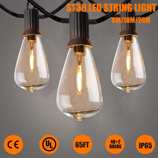 65FT LED Outdoor String Lights ST38 Plastic Shatterproof LED Bulb Party Lights IP65 Waterproof Patio Decor Garland Lights String