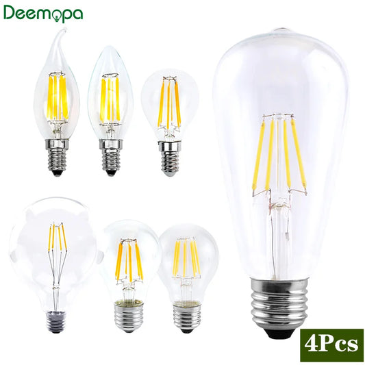 4pcs/lot LED Filament Bulb E27 Retro Edison Lamp AC220V 2W 4W 6W 8W E14 Vintage Candle Light Globe Lighting COB Home Decor Light