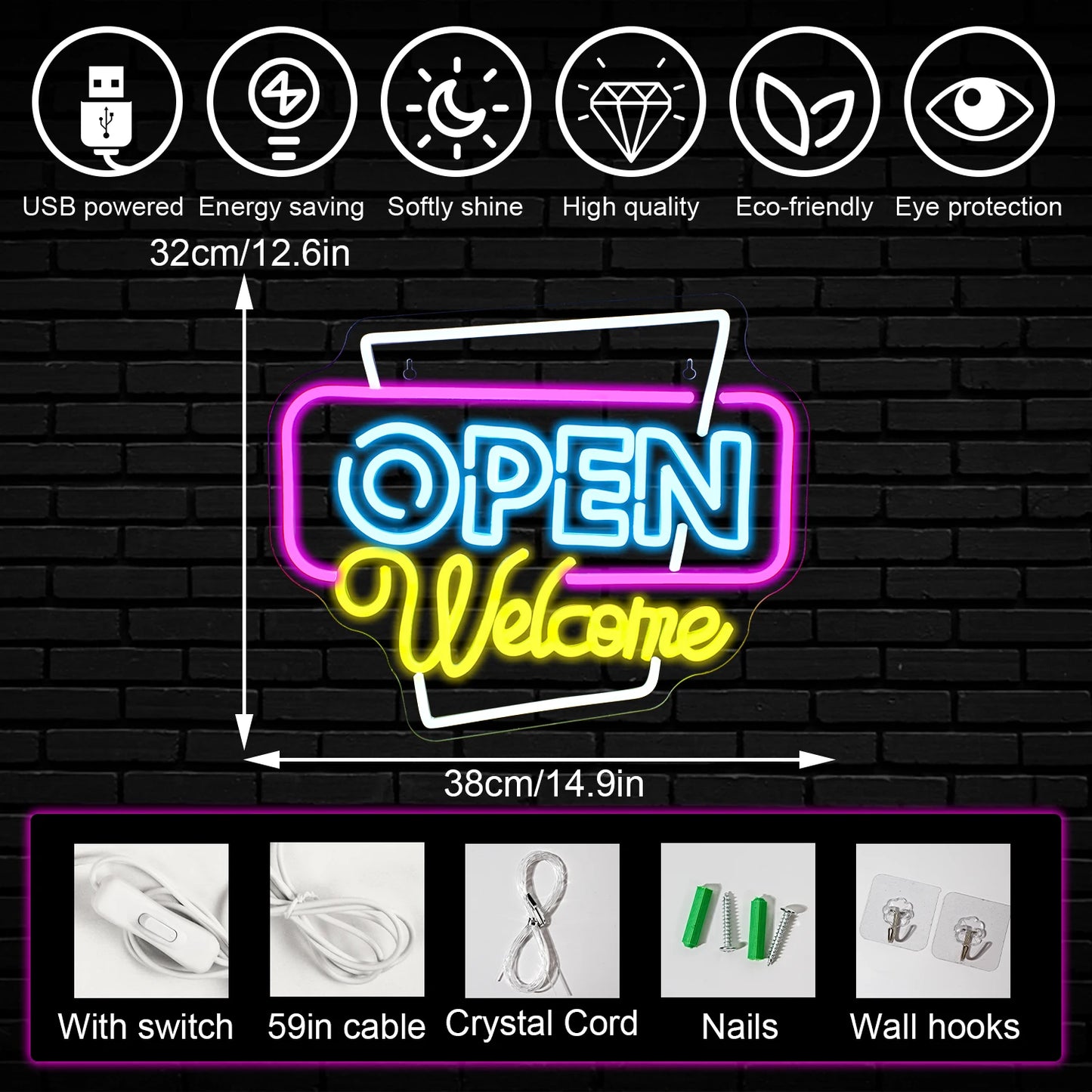 Open Welcome Neon Signs for Wall Decor Neon Light Up Open Sign with USB Powered for Business Bar Shop Salon Hotel Neon Signs