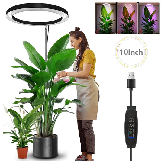 10" LED Ring Grow Lights for Indoor Plants Full Spectrum Large Plant Light for Indoor Plants USB Height Adjustable Growing Lamp