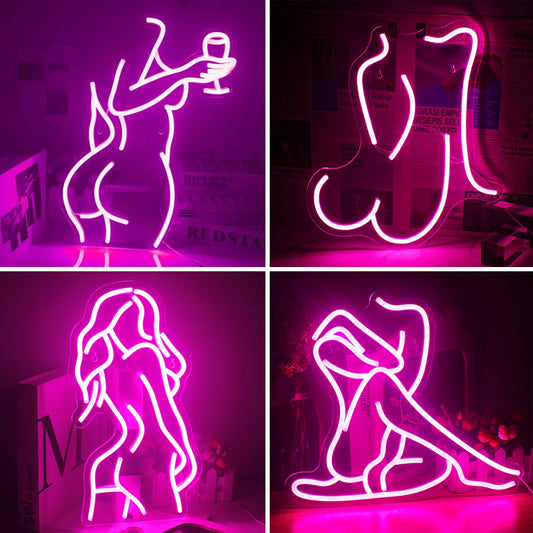 Pink Woman Wine Glass Neon Sign LED Sexy Lady Neon Signs For Bar Party Restaurant Shop Neon Light Acrylic USB Neon Lamps