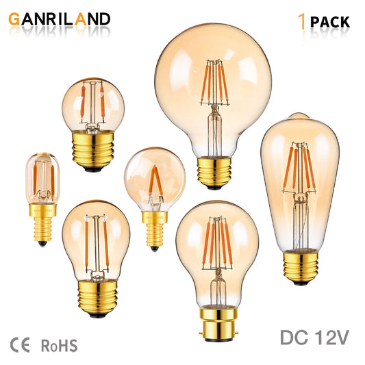 GANRILAND Vintage Low Voltages DC 12V Led Bulbs Amber Glass Soft Warm 2200K E14 E27 B22 Base Marine RV Solar Camping Light Bulb