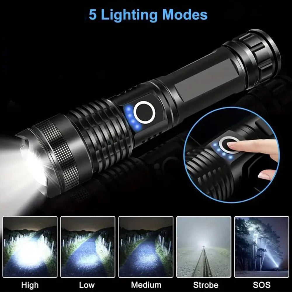 High Power LED Flashlight Rechargeable Torch Tactical Lantern Ultra Powerful Flashlight With USB Charging Outdoor