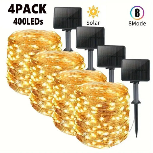 Pack of 4 Solar Fairy Lights Outdoor 400LED Fairy Lights Outdoor 8 Modes Copper Wire IP65 Warterproof for GardenPatio Yard Party